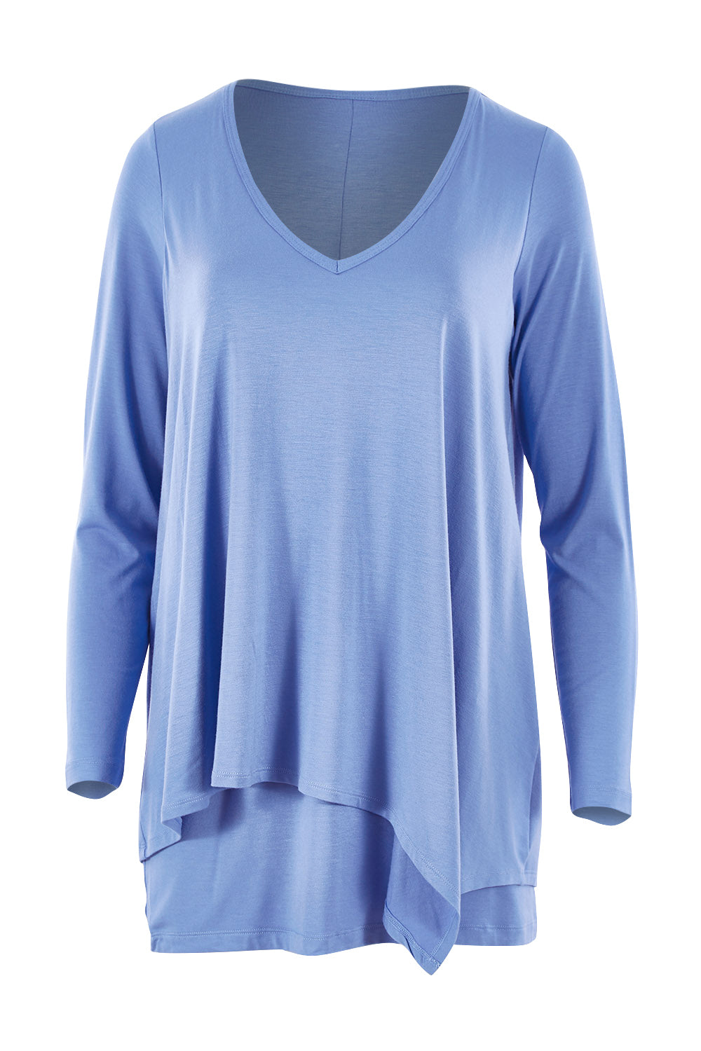 Product shot of the Belle V Neck Forgiver Tunic in colour Bluebonnet (Blue), from the front