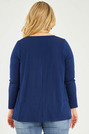 Model Katie wearing size 16 of the Belle V Neck Forgiver Tunic in colour Navy (Blue), from the back