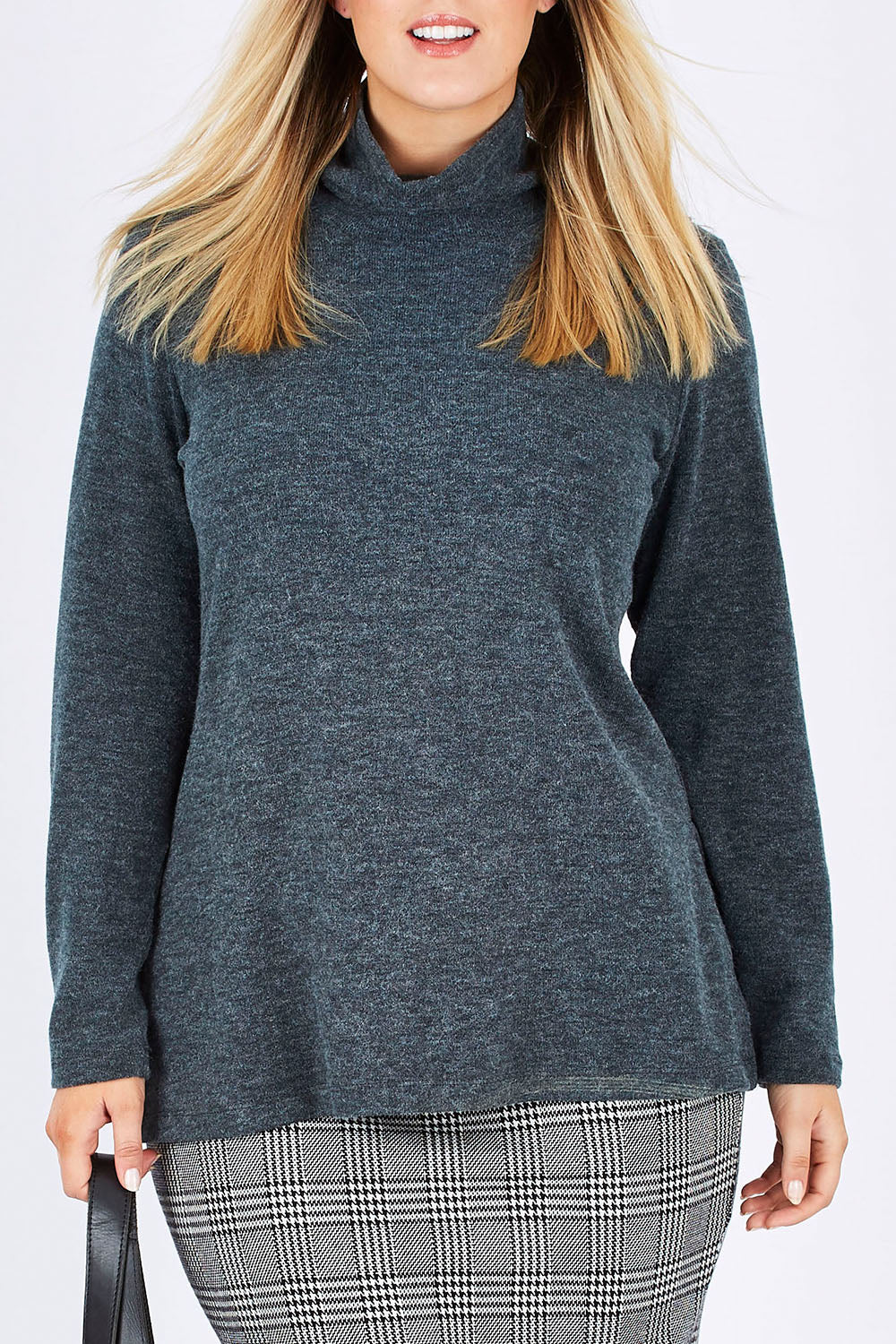 Model Jess wearing size 12 of the Belle Cowl Swing Sweater in colour Green (Green), from the front, cropped image