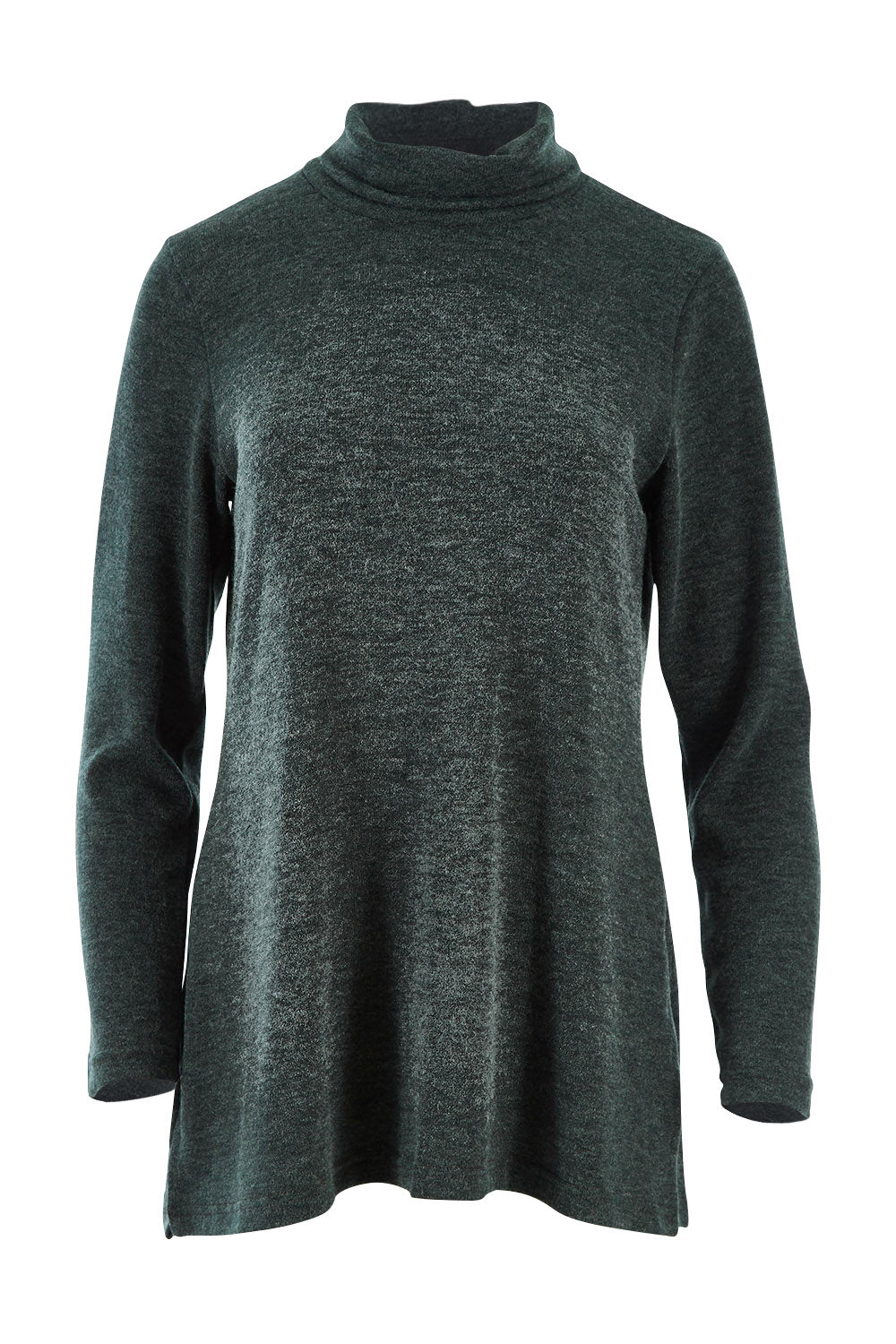 Product shot of the Belle Cowl Swing Sweater in colour Green (Green), from the front