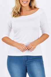 Model Jess wearing size 12 of the Belle Half Sleeve Boat Tee in colour White (White), from the front, cropped image