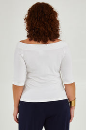 Model Maddy wearing size 16 of the Belle Half Sleeve Boat Tee in colour White (White), from the back