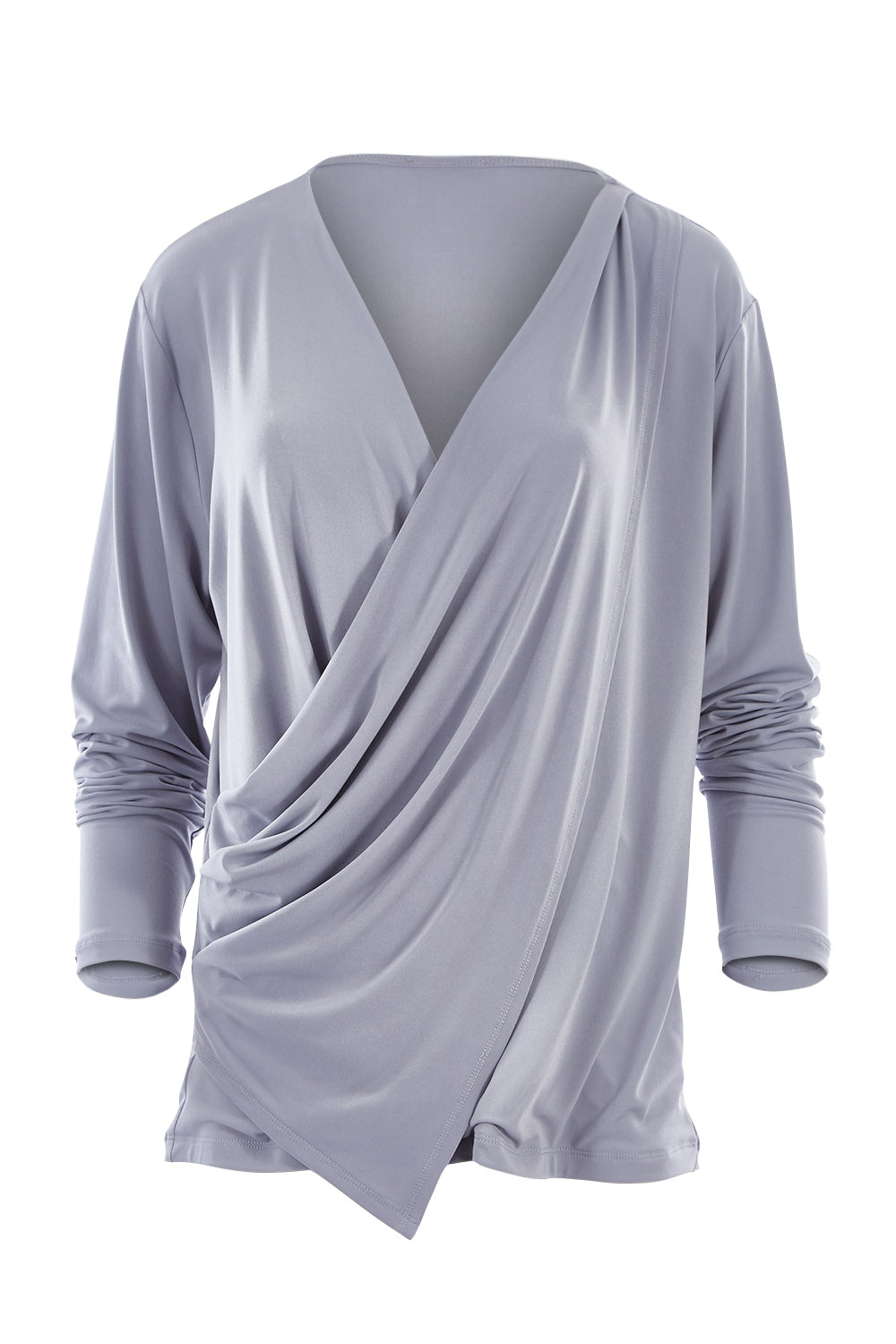 Product shot of the Belle Drape Tee in colour Sliver (Grey), from the front