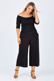 Model Jess wearing size 14 of the Belle Palazzo Ponte Crop in colour Black (Black), from the front, showing the whole outfit