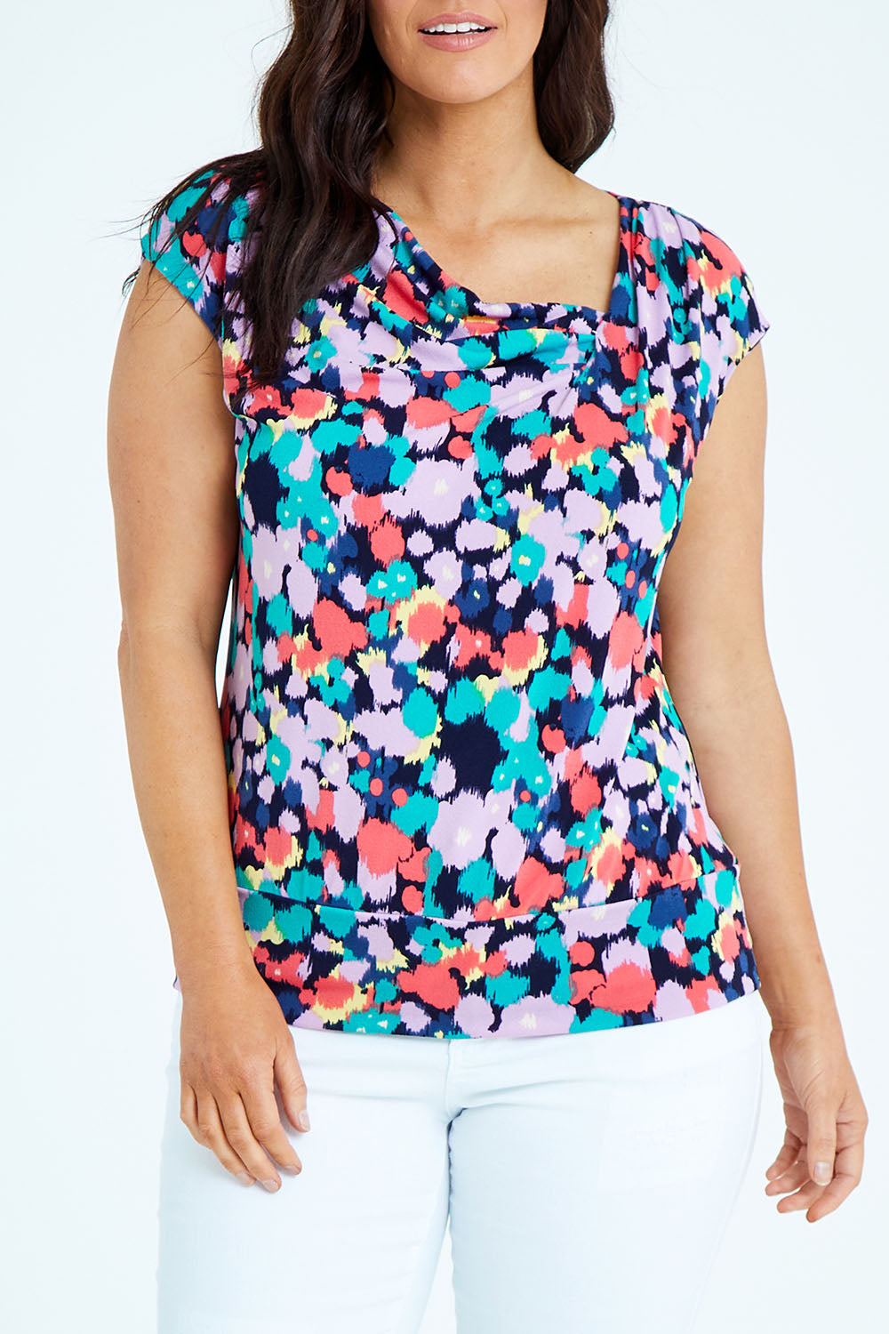 Model Laura wearing size 12 of the Belle Printed Knit Square Neck Top in colour Vibrant (Blue), from the front, cropped image