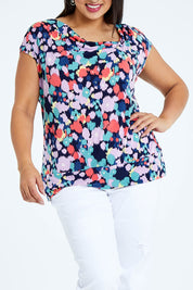 Model Sasha-Lee wearing size 16 of the Belle Printed Knit Square Neck Top in colour Vibrant (Blue), from the front, cropped image