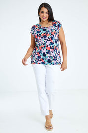 Model Sasha-Lee wearing size 16 of the Belle Printed Knit Square Neck Top in colour Vibrant (Blue), from the front, showing the whole outfit