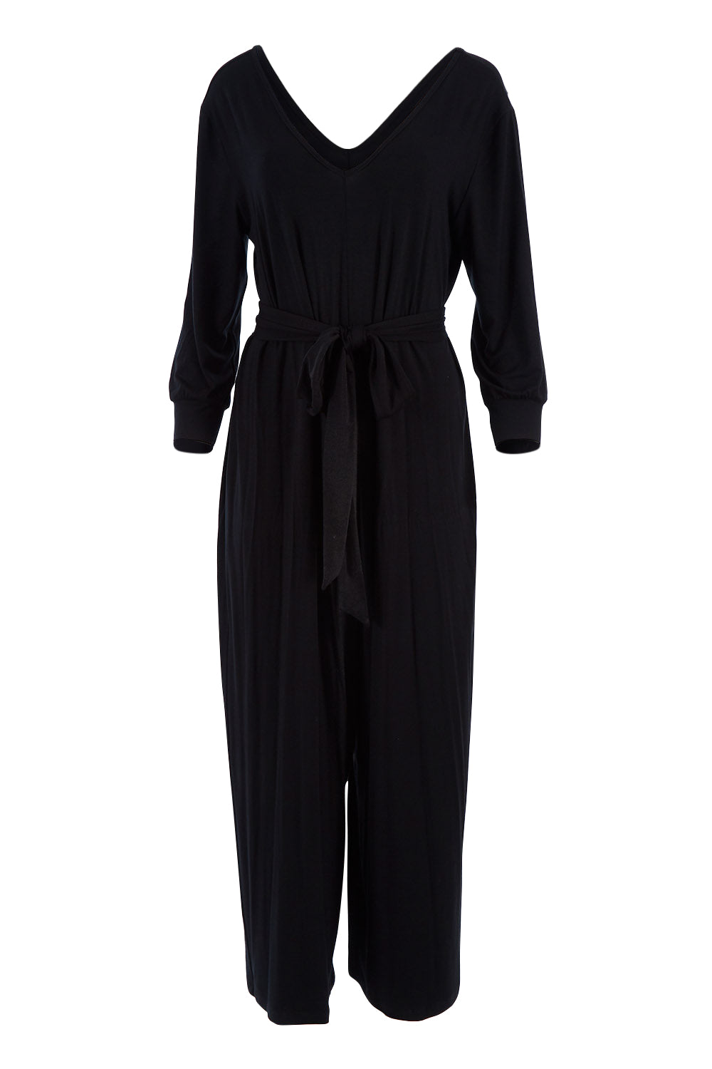 Product shot of the Belle 7/8 Sleeve Knit Jumpsuit With Self Belt in colour Black (Black), from the front