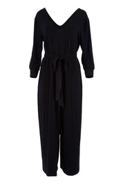 Product shot of the Belle 7/8 Sleeve Knit Jumpsuit With Self Belt in colour Black (Black), from the front
