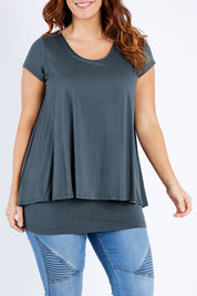 Model Laura wearing size 12 of the Belle New Cap Sleeve Forgiver Tee in colour Army (Green), from the front, cropped image