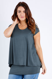 Model Laura wearing size 12 of the Belle New Cap Sleeve Forgiver Tee in colour Army (Green), from the front, cropped image