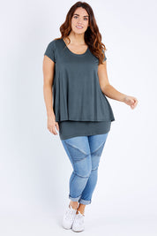 Model Laura wearing size 12 of the Belle New Cap Sleeve Forgiver Tee in colour Army (Green), from the front, showing the whole outfit