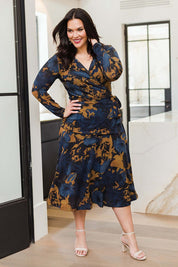 Model Lauren wearing size 16 of the Belle Python Knit Full Skirt in colour Python (Blue), from the front, showing the whole outfit