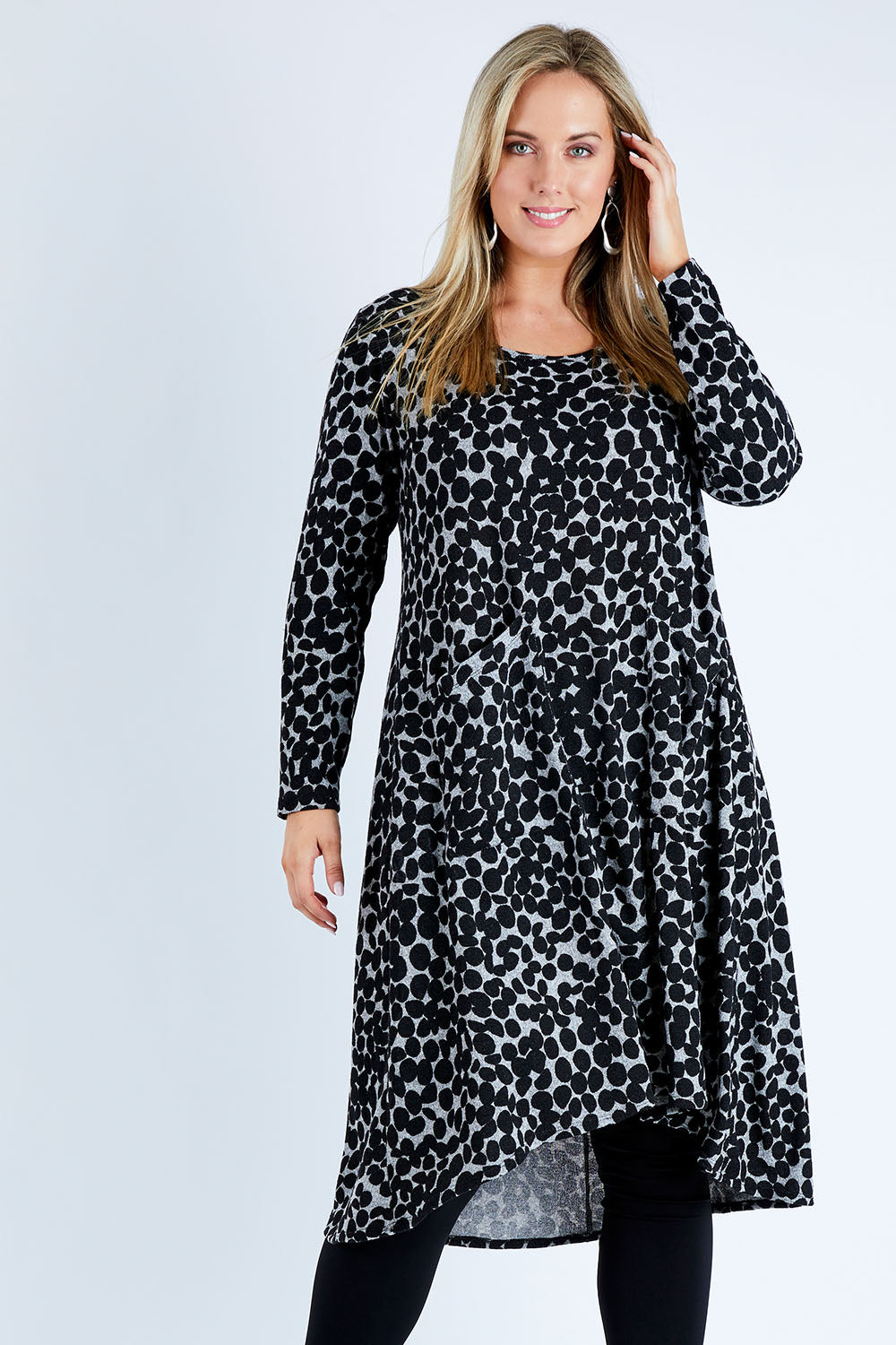 Model Jess wearing size 12 of the Belle Wooly Knit Dress in colour Greydot (Grey), from the front, cropped image