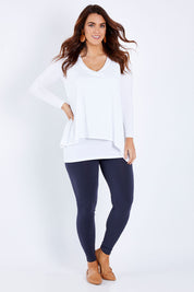 Model Laura wearing size 12 of the Belle Legging in colour Charcoal (Grey), from the front, showing the whole outfit