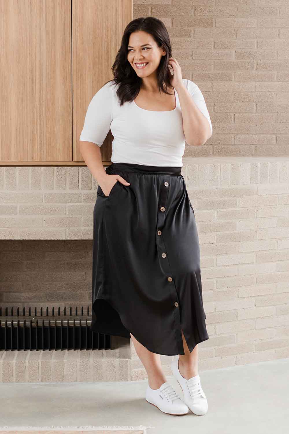 Model Nadine wearing size 16 of the Belle Rib Square Neck Tee in colour White (White), from the front, showing the whole outfit