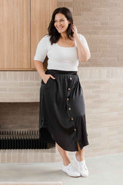 Model Nadine wearing size 16 of the Belle Rib Square Neck Tee in colour White (White), from the front, showing the whole outfit