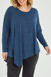 Model Jess wearing size 14 of the Belle Wooly Knit Throw Over in colour Denimblue (Blue), from the front, cropped image