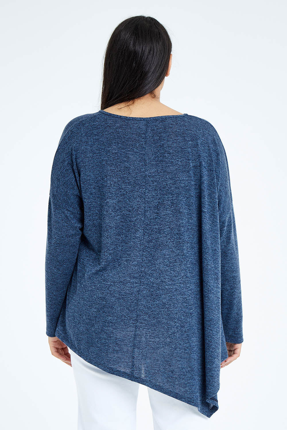 Model Sasha-Lee wearing size 16 of the Belle Wooly Knit Throw Over in colour Denimblue (Blue), from the back