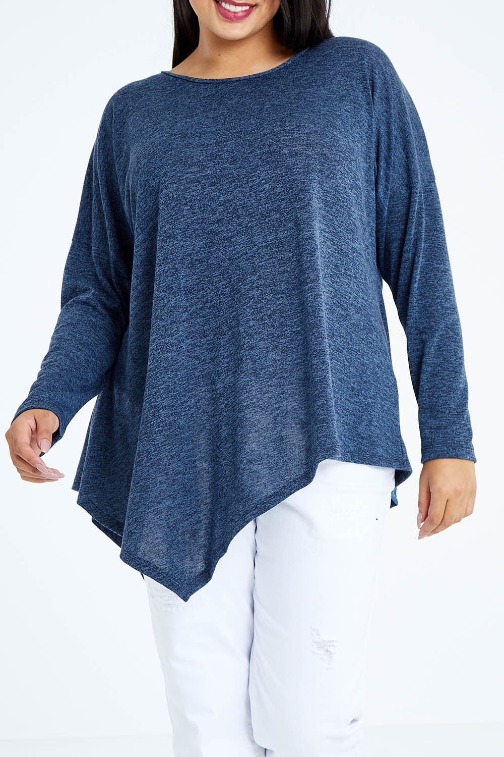 Model Sasha-Lee wearing size 16 of the Belle Wooly Knit Throw Over in colour Denimblue (Blue), from the front, cropped image