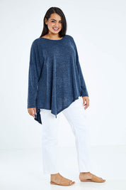 Model Sasha-Lee wearing size 16 of the Belle Wooly Knit Throw Over in colour Denimblue (Blue), from the front, showing the whole outfit