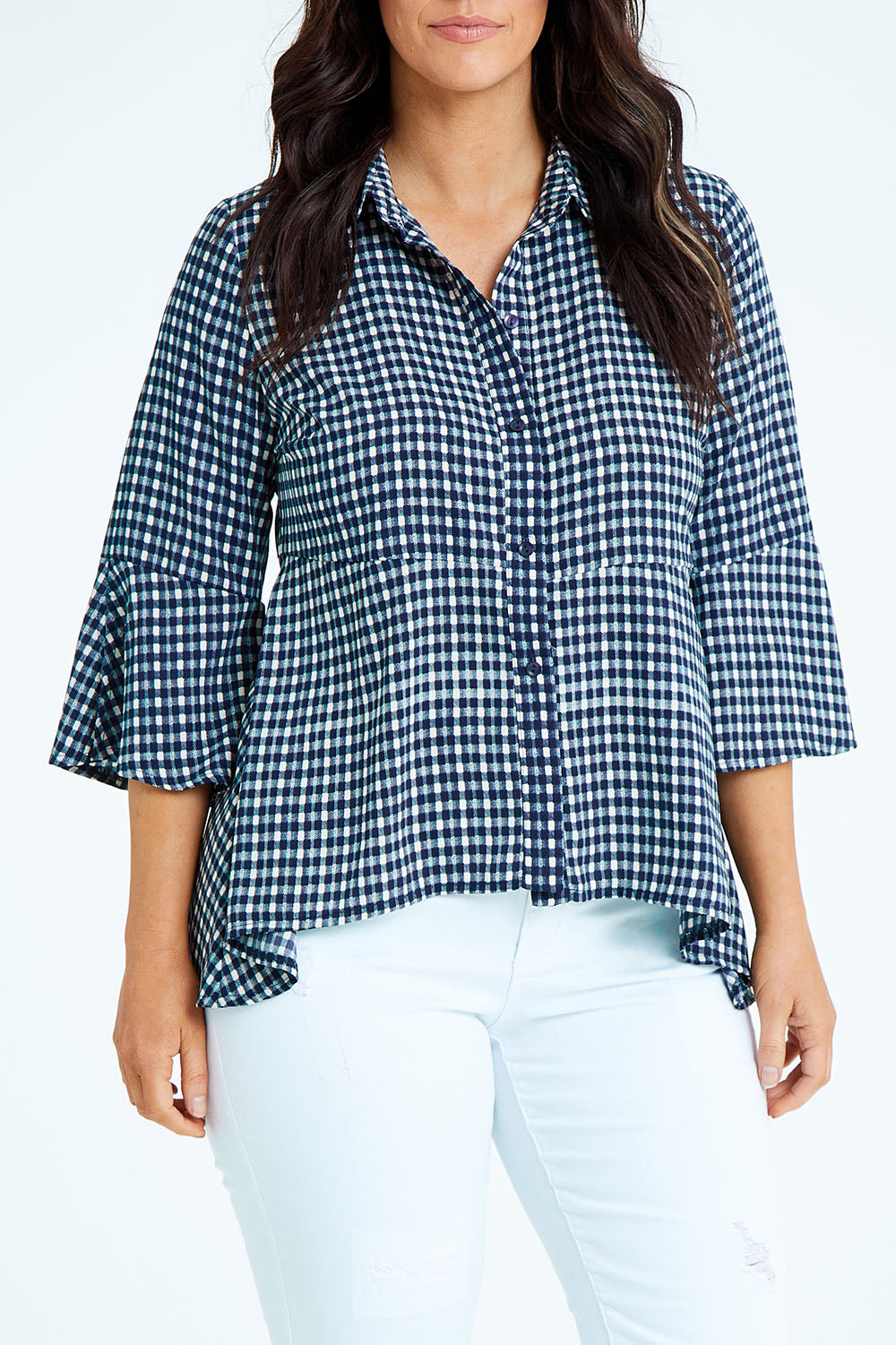 Model Laura wearing size 12 of the Belle Seam Detail Check Blouse in colour Check (Blue), from the front, cropped image