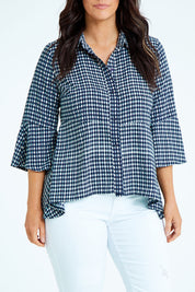 Model Laura wearing size 12 of the Belle Seam Detail Check Blouse in colour Check (Blue), from the front, cropped image