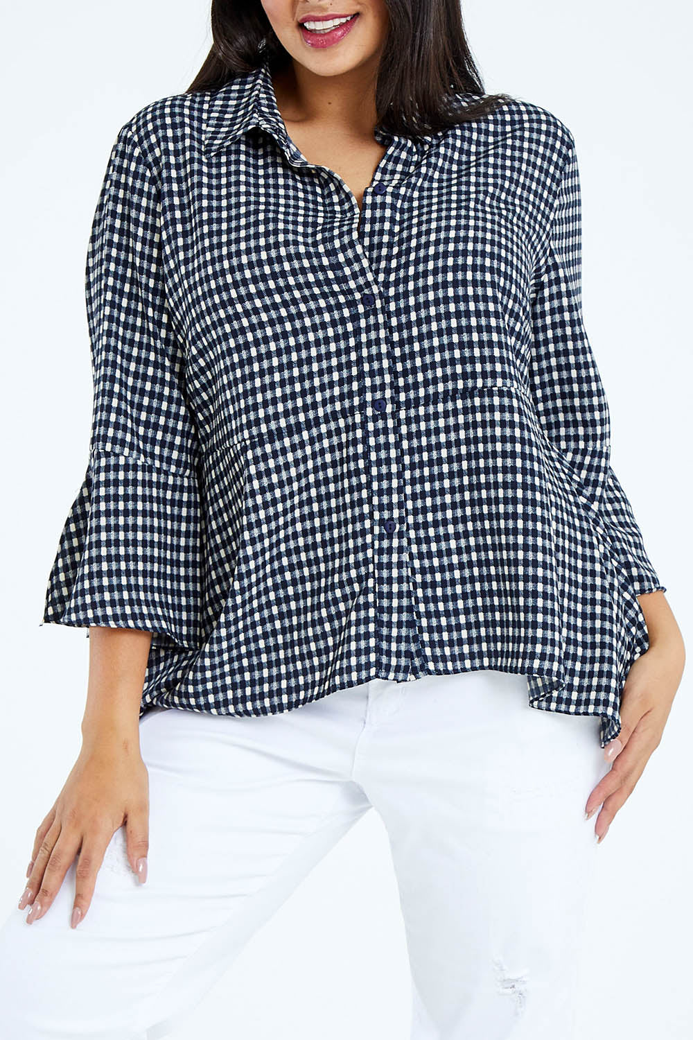 Model Sasha-Lee wearing size 16 of the Belle Seam Detail Check Blouse in colour Check (Blue), from the front, cropped image