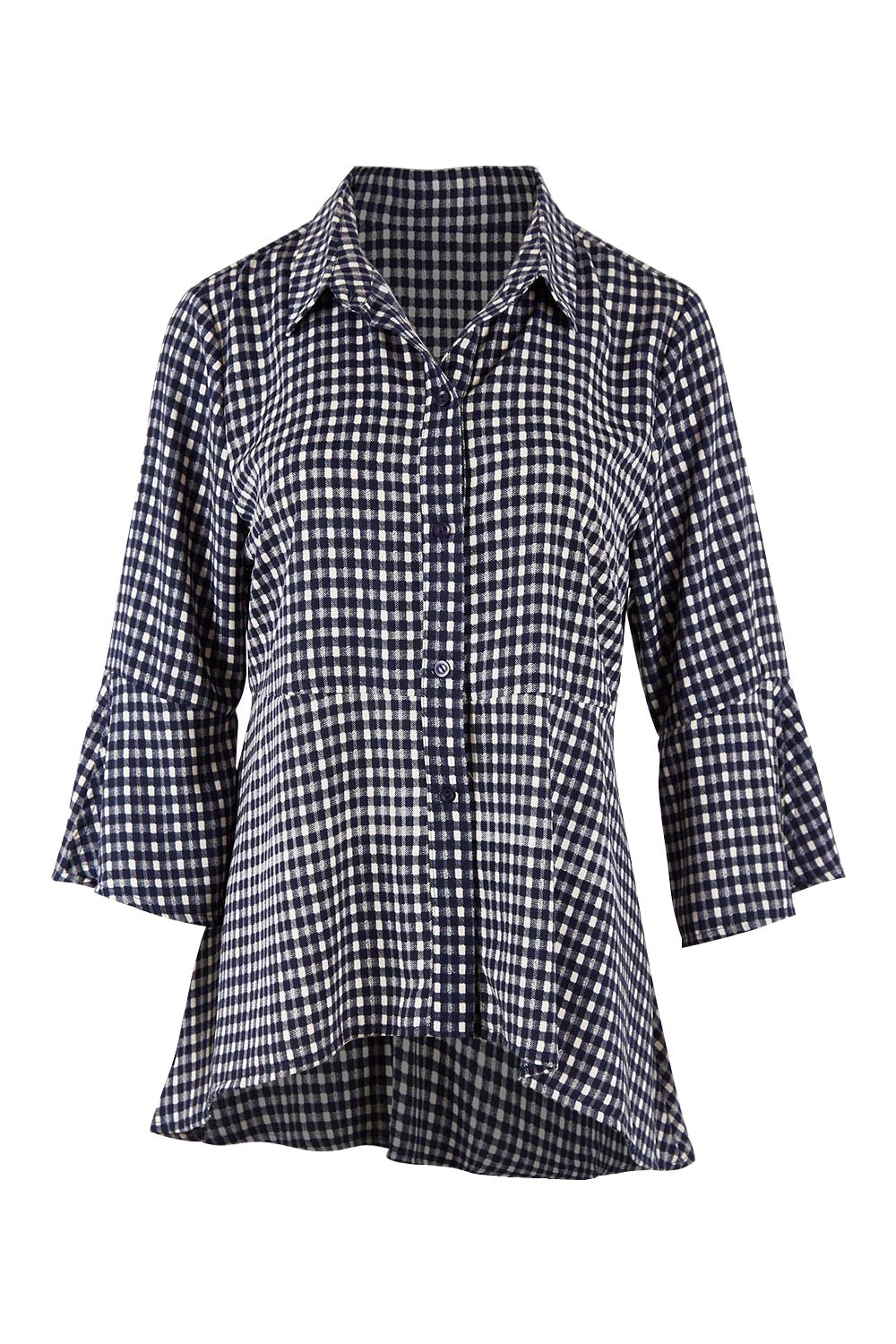 Product shot of the Belle Seam Detail Check Blouse in colour Check (Blue), from the front