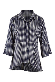 Product shot of the Belle Seam Detail Check Blouse in colour Check (Blue), from the front