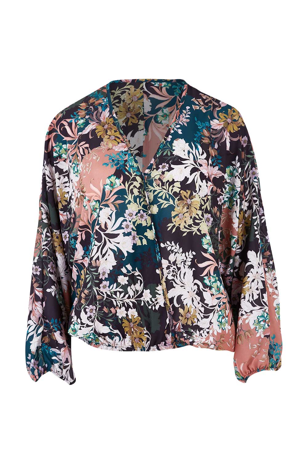 Product shot of the Belle Blossom Floral Wrap Top in colour Blossom, from the front