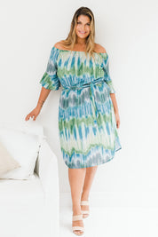 Model Palatina wearing size 16 of the Belle Tie Dye Dress in colour Tiedye (Blue), from the front, showing the whole outfit