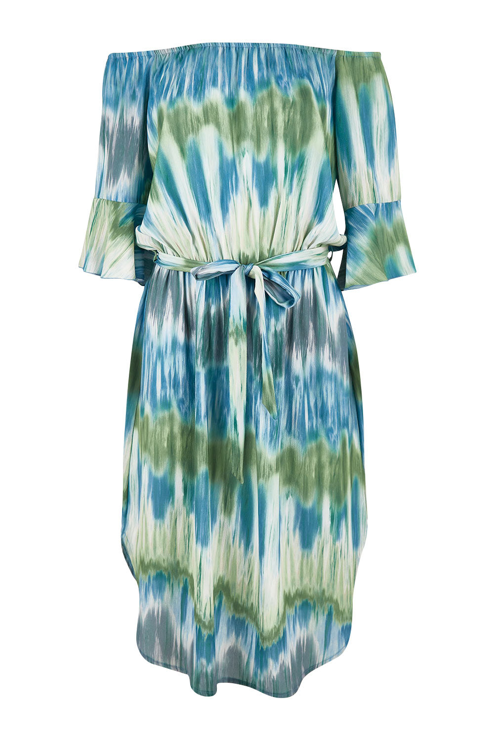 Product shot of the Belle Tie Dye Dress in colour Tiedye (Blue), from the front