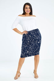 Model Sasha-Lee wearing size 16 of the Belle Monoprint Side Gathers Skirt in colour Monoprint (Blue), from the front, showing the whole outfit