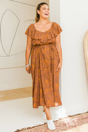 Model Palatina wearing size 16 of the Belle Frill Trim Maxi Dress in colour Monoprint, from the front, showing the whole outfit