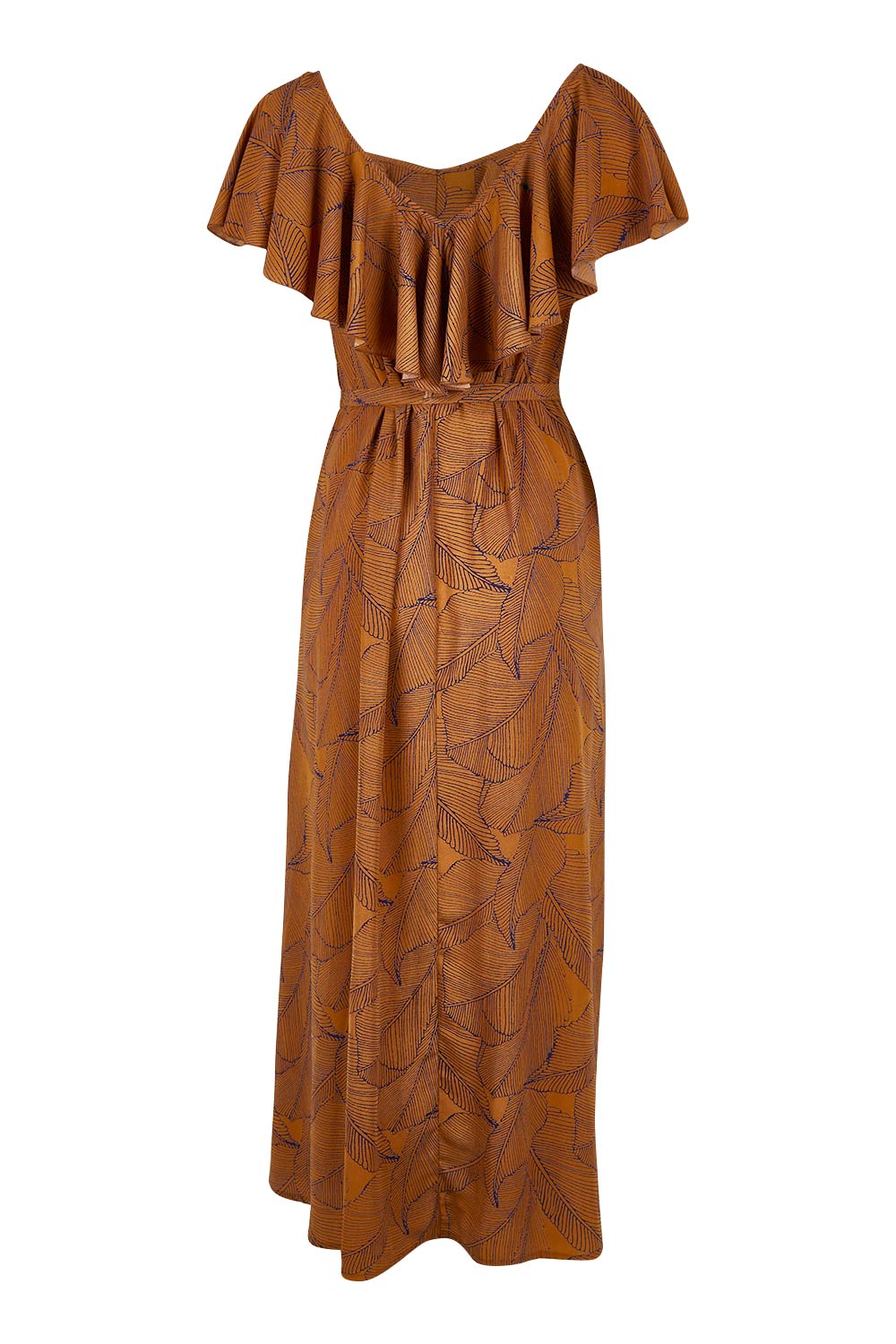 Product shot of the Belle Frill Trim Maxi Dress in colour Monoprint, from the back