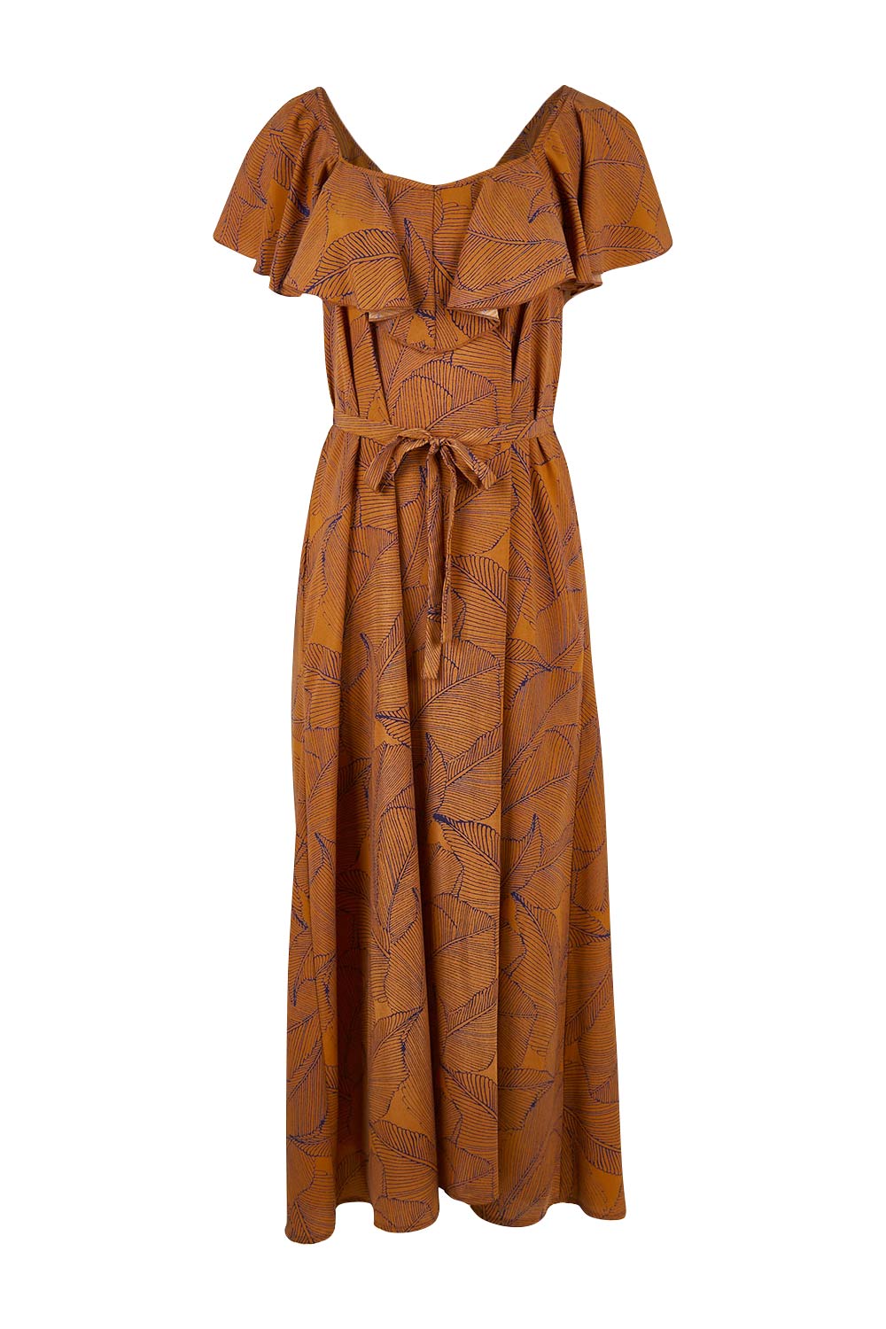 Product shot of the Belle Frill Trim Maxi Dress in colour Monoprint, from the front