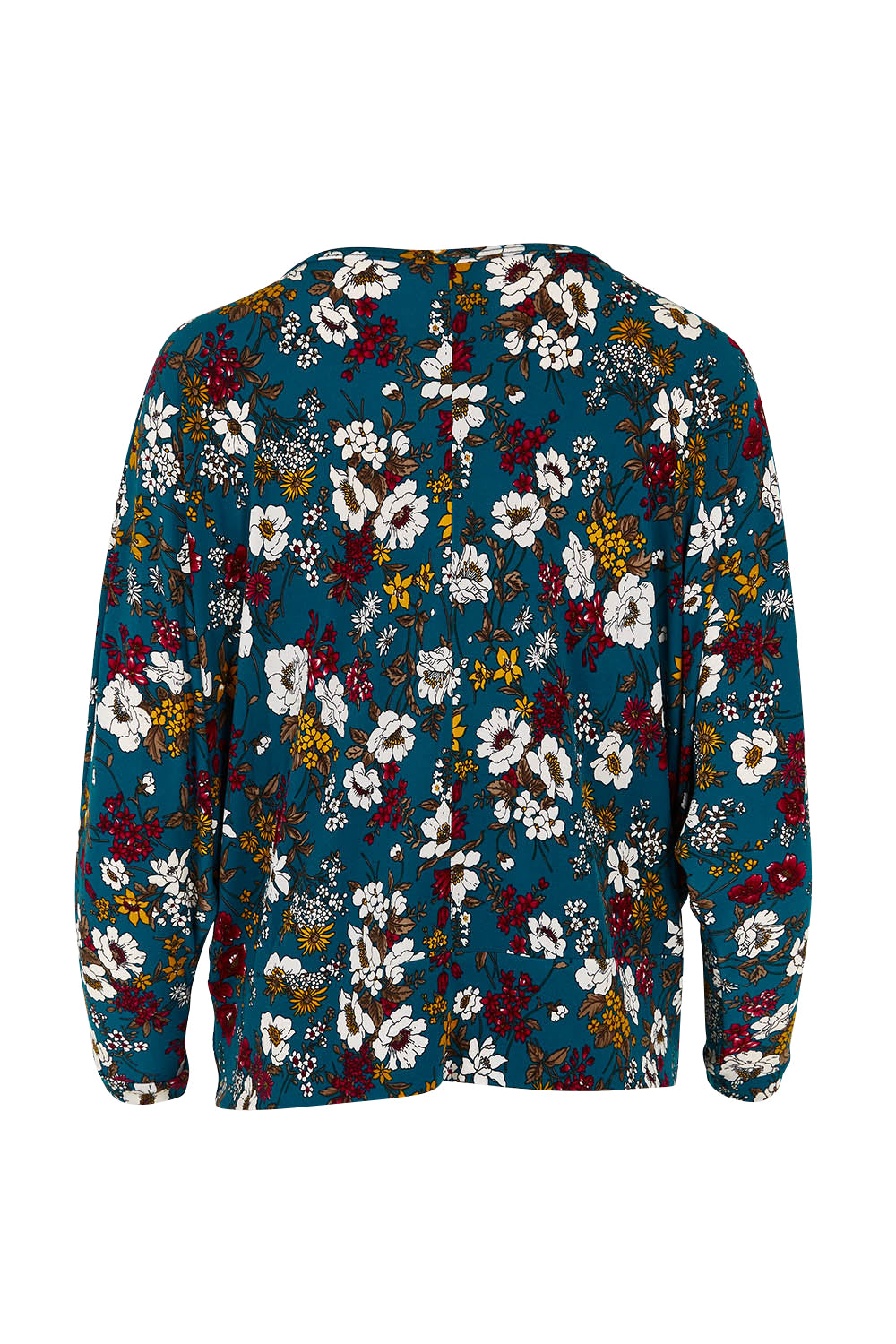 Product shot of the Belle Hip Knot Printed Tee in colour Tealfleur (Green), from the back