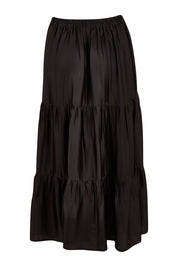 Product shot of the Belle Slinky Tiered Skirt in colour Black (Black), from the back