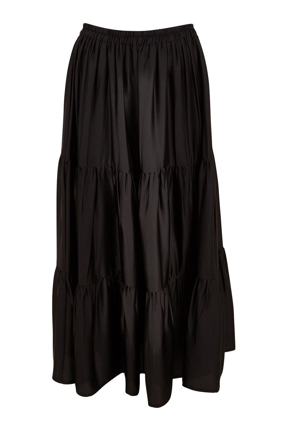 Product shot of the Belle Slinky Tiered Skirt in colour Black (Black), from the front