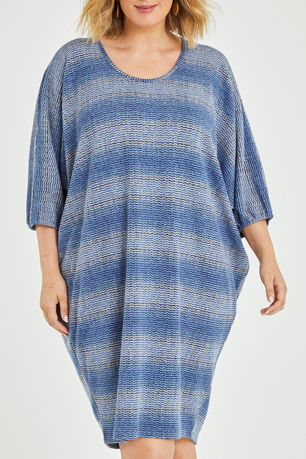 Model Jess wearing size 12 of the Belle Side Drape Stripe Dress in colour Stripe (Blue), from the front, cropped image