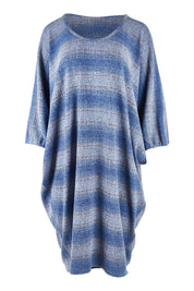 Product shot of the Belle Side Drape Stripe Dress in colour Stripe (Blue), from the front