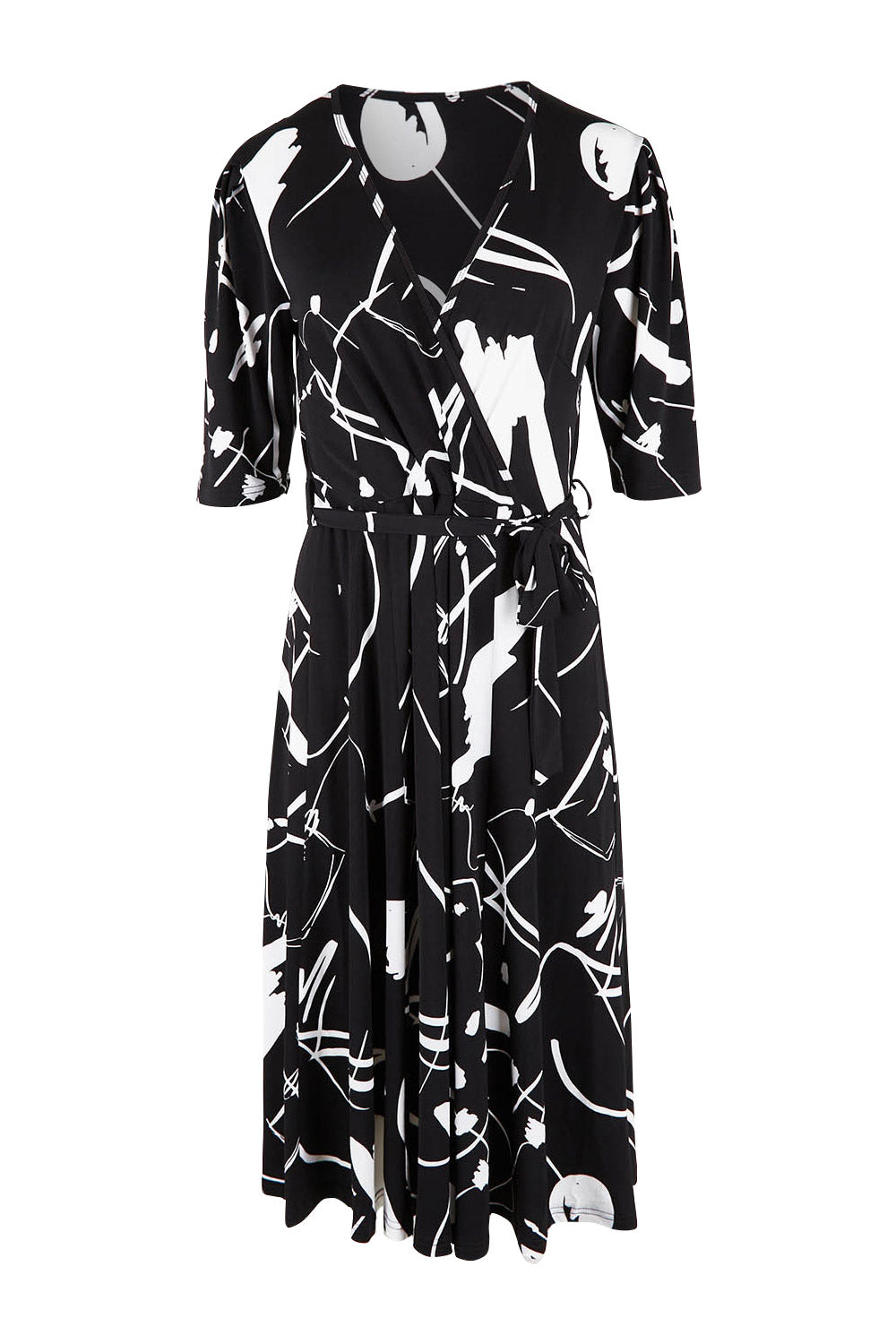 Product shot of the Belle X Over Full Skirt Dress in colour Blackwhite (Black), from the front