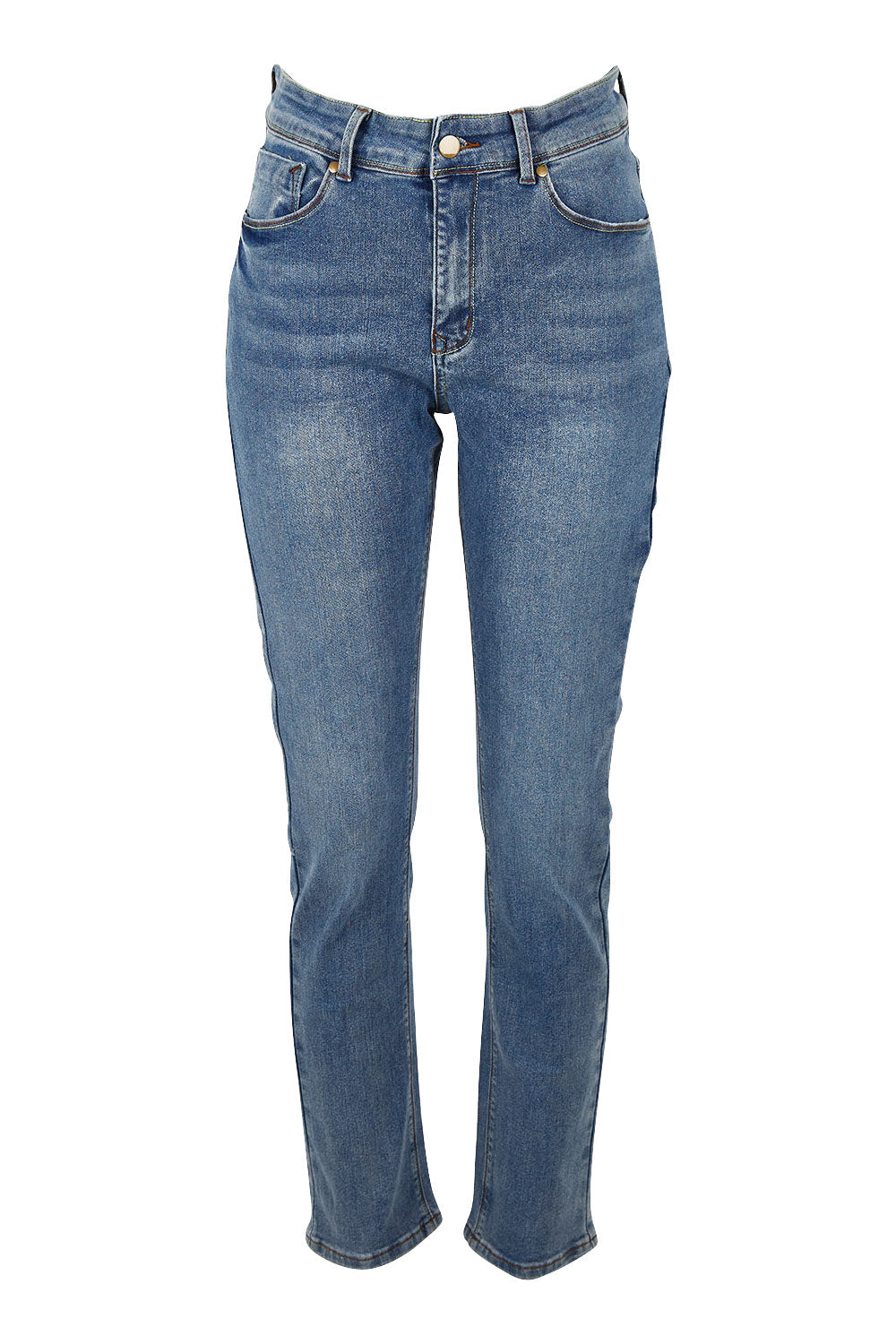 Product shot of the Belle Boot Leg Jean in colour Mediumblue (Blue), from the front