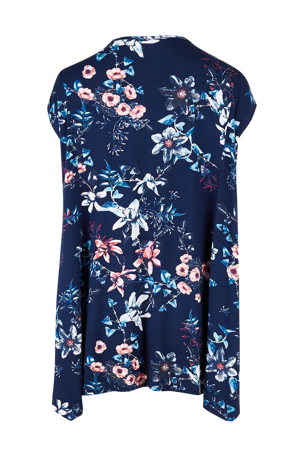 Product shot of the Belle Printed Drape Tee in colour Floral (Blue), from the back