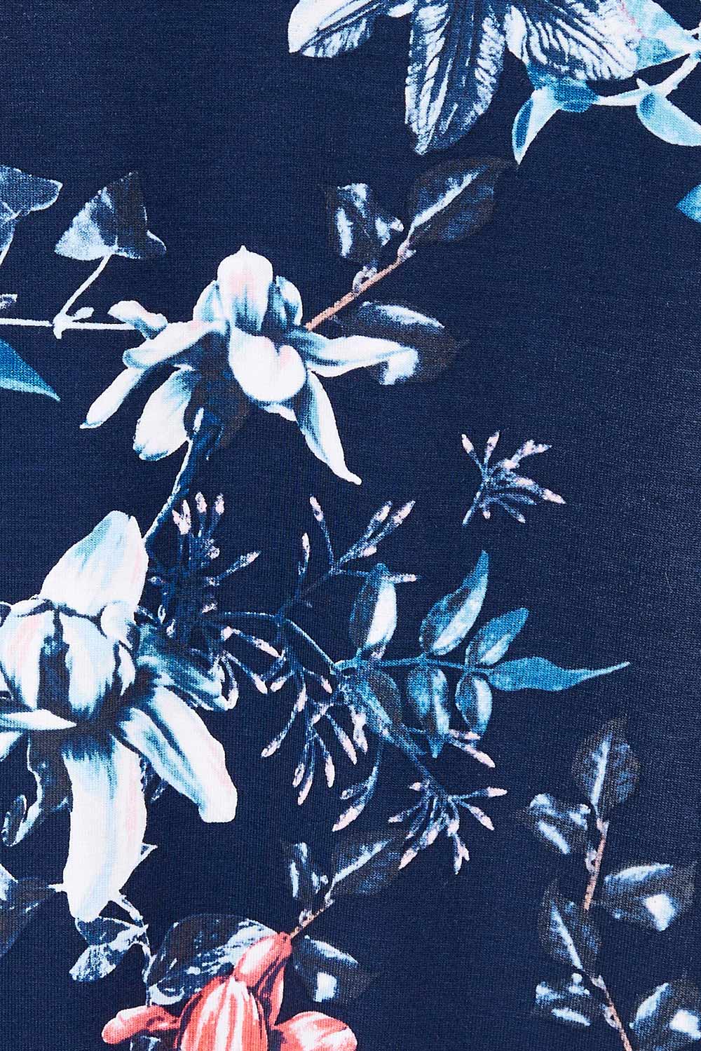 Product shot of the Belle Printed Drape Tee in colour Floral (Blue), detail