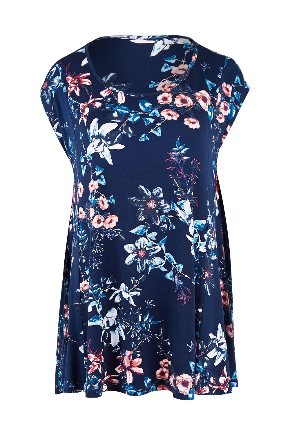 Product shot of the Belle Printed Drape Tee in colour Floral (Blue), from the front