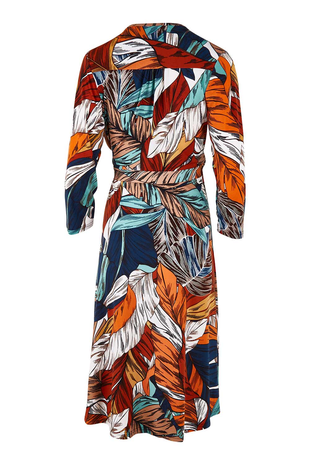 Product shot of the Belle Faux Long Sleeve Wrap Dress in colour Leafprint (White), from the back
