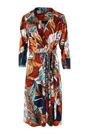 Product shot of the Belle Faux Long Sleeve Wrap Dress in colour Leafprint (White), from the front