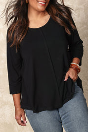 Model Ashleigh wearing size 16 of the Belle Luxe Bamboo Spliced Tee in colour Black (Black), from the front, cropped image